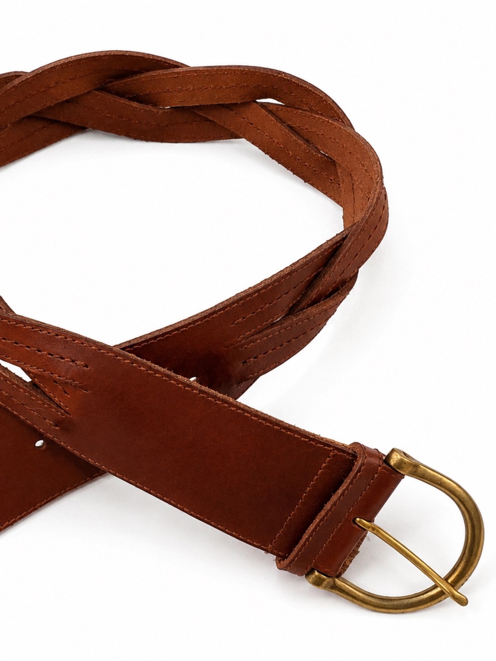 Ralph Lauren Woven Leather Belt in Warm Brown with Brass Buckle